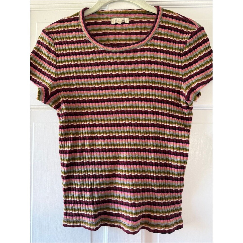 Madewell Striped Ribbed Short-Sleeve Tee in Pink, Cranberry & Olive